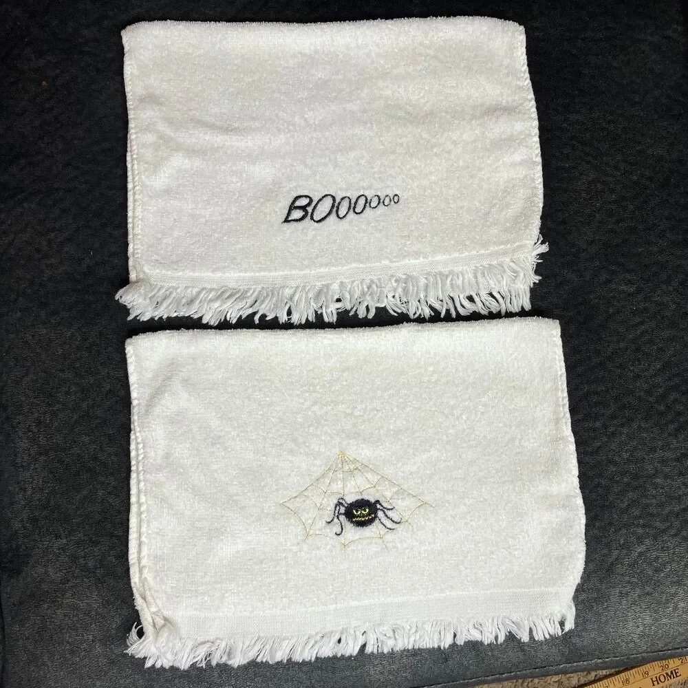 Set Of 2 White Embroidered BOO Spider Web Kitchen Dish or Hand Towels Halloween